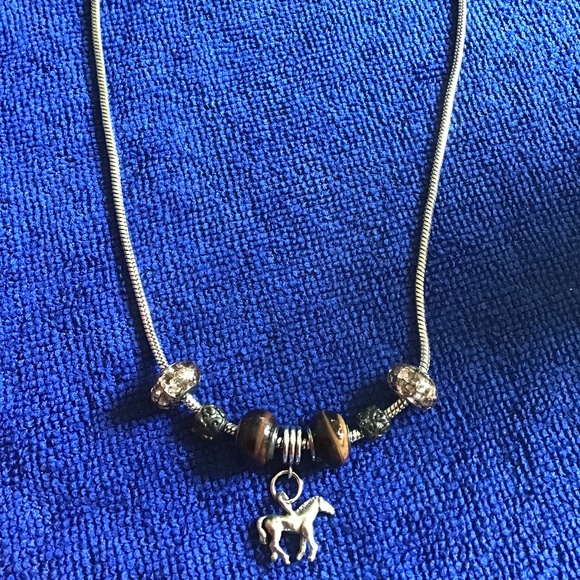 Cable necklace with round glass beads and a charm - silver and brown - Picture 2 of 9